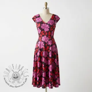 Tessuto di cotone SATIN Autumn flowers dark red