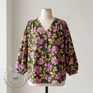 Tessuto di cotone SATIN Autumn flowers dark green