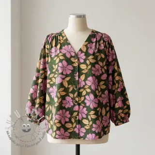 Tessuto di cotone SATIN Autumn flowers dark green