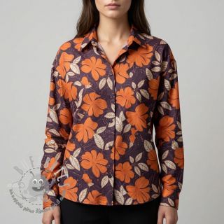 Tessuto di cotone SATIN Autumn flowers dark brown