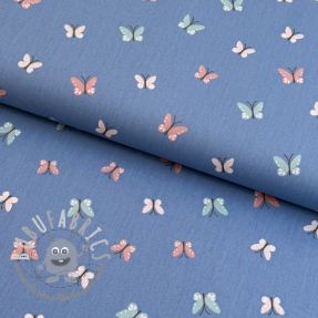 Tessuto di cotone Birds and butterflies blue ORGANIC