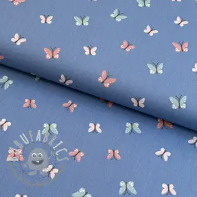 Tessuto di cotone Birds and butterflies blue ORGANIC