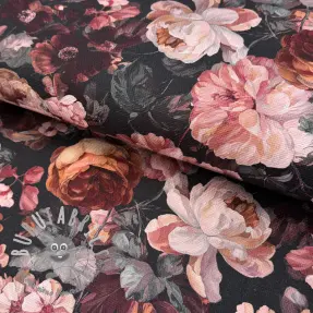 Tessuto decorativo SLUB Bouquet burgundy digital print