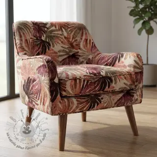 Tessuto decorativo SLUB Leaves burgundy digital print