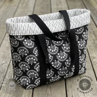Tessuto di cotone VOILE STEPPED Bouquet flowers black digital print