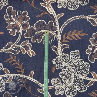Tessuto di cotone JEANS Embroidery leaves dark blue