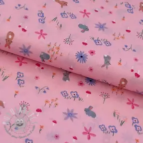 Tessuto di cotone Farm animals tossed light pink digital print