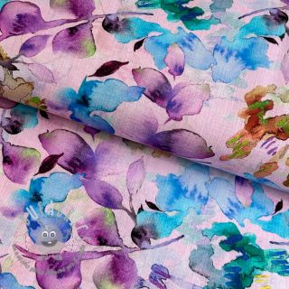 Lino con cotone Aquarel leaves RAMIE purple digital print