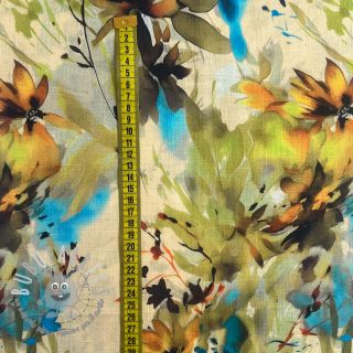 Lino con cotone Faded flowers RAMIE green digital print