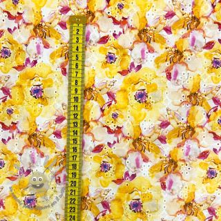 Tessuto di cotone EMBROIDERY Peony roses yellow digital print