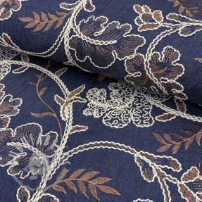 Tessuto di cotone JEANS Embroidery leaves dark blue