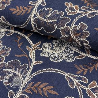 Tessuto di cotone JEANS Embroidery leaves dark blue