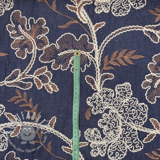 Tessuto di cotone JEANS Embroidery leaves dark blue