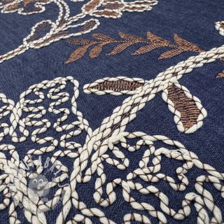 Tessuto di cotone JEANS Embroidery leaves dark blue