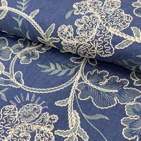 Tessuto di cotone JEANS Embroidery leaves light blue