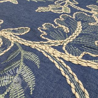 Tessuto di cotone JEANS Embroidery leaves light blue