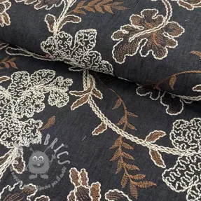 Tessuto di cotone JEANS Embroidery leaves black