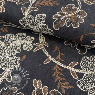 Tessuto di cotone JEANS Embroidery leaves black