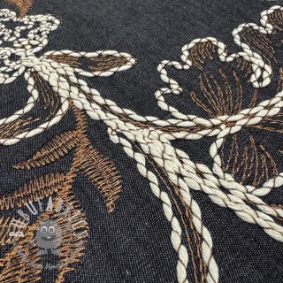 Tessuto di cotone JEANS Embroidery leaves black