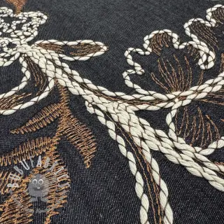 Tessuto di cotone JEANS Embroidery leaves black