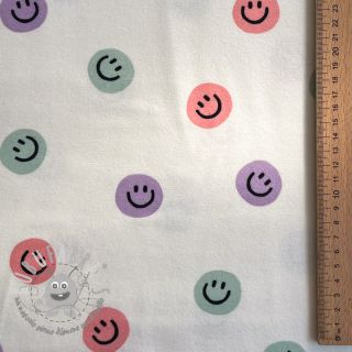 Tessuto di cotone FLANNEL Happy faces off white lilac