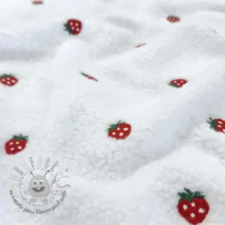 Tessuto per cappotti TEDDY EMBROIDERY Strawberries white