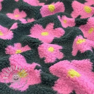 Tessuto per cappotti TEDDY JACQUARD Flowers army green/pink